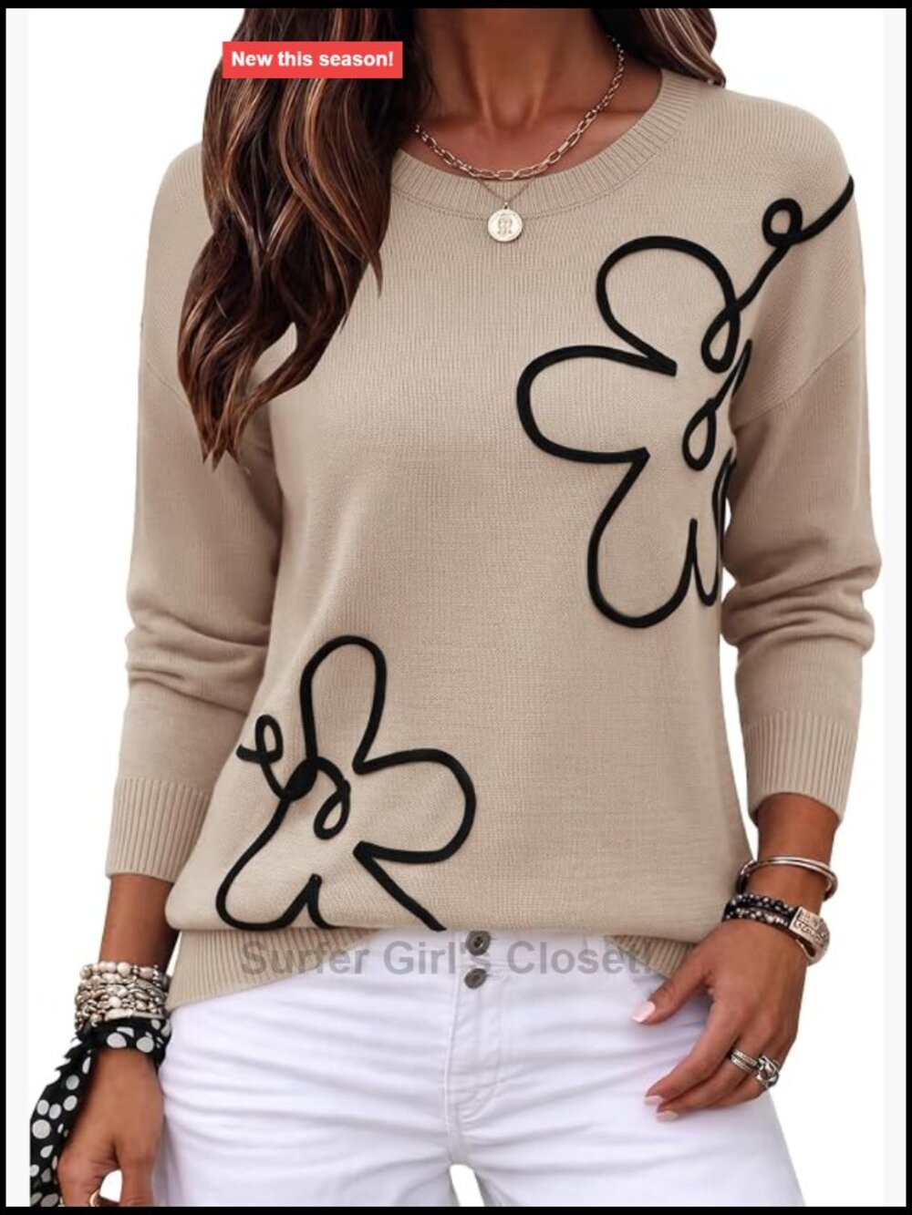 3D Floral Applique Sweater Crewneck Long Sleeve Knit Pullover